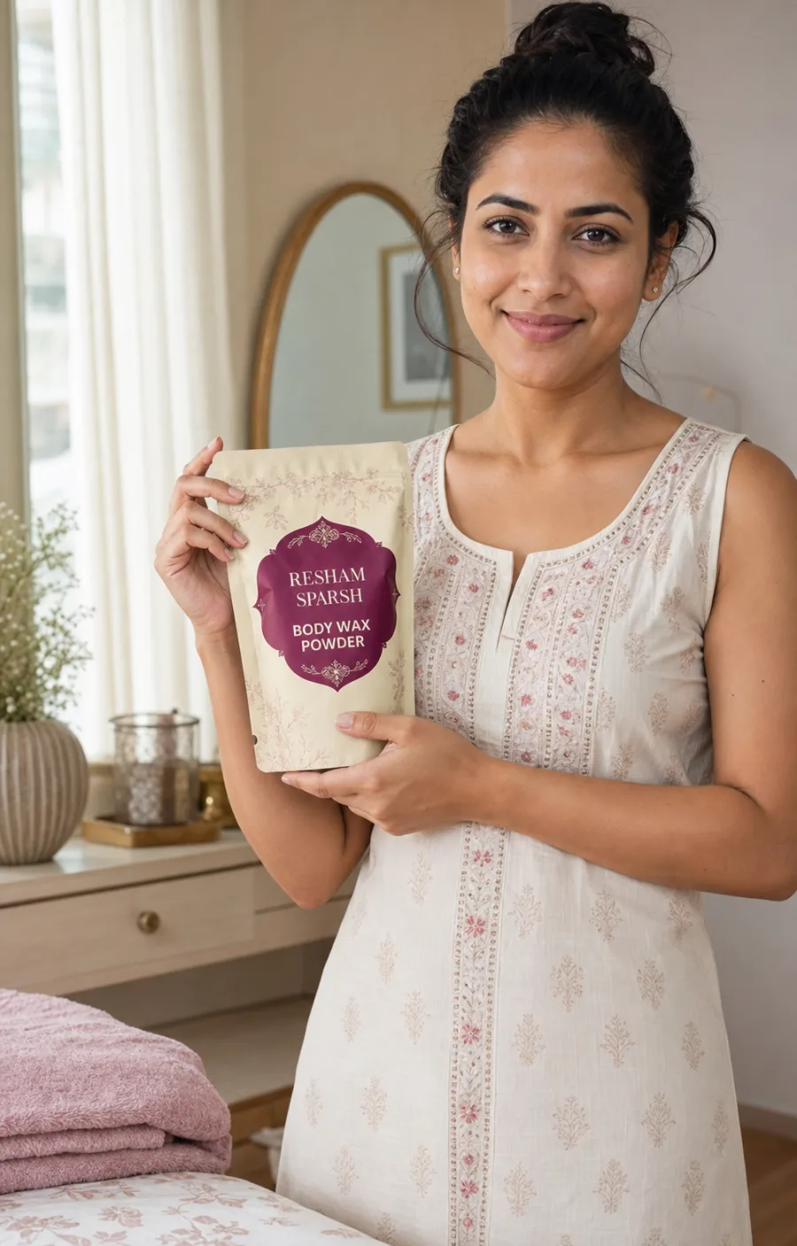 Indian woman holding a Resham Sparsh Body Wax Powder pouch