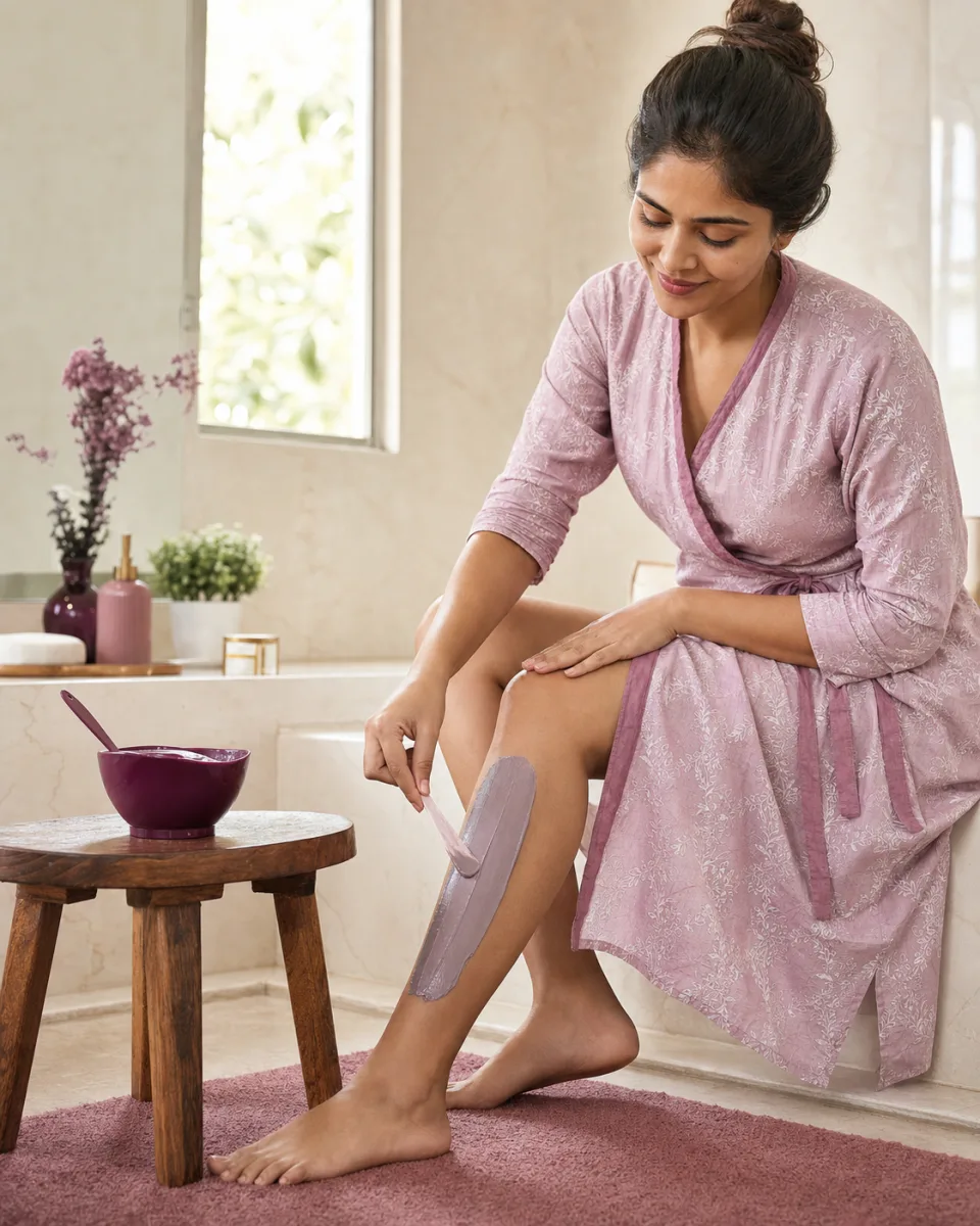 Indian woman completing a body-care routine at home